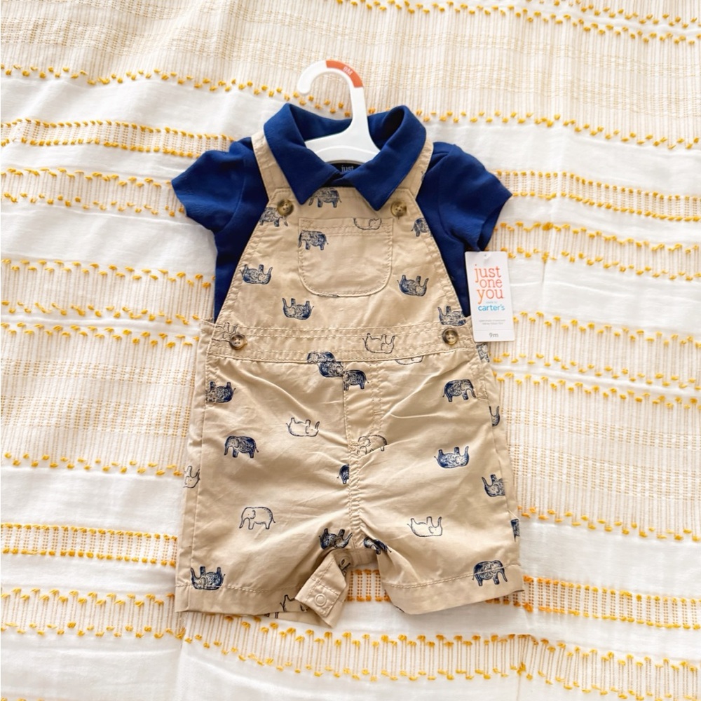 Carter's Navy Polo with Khaki Elephant Print Overalls